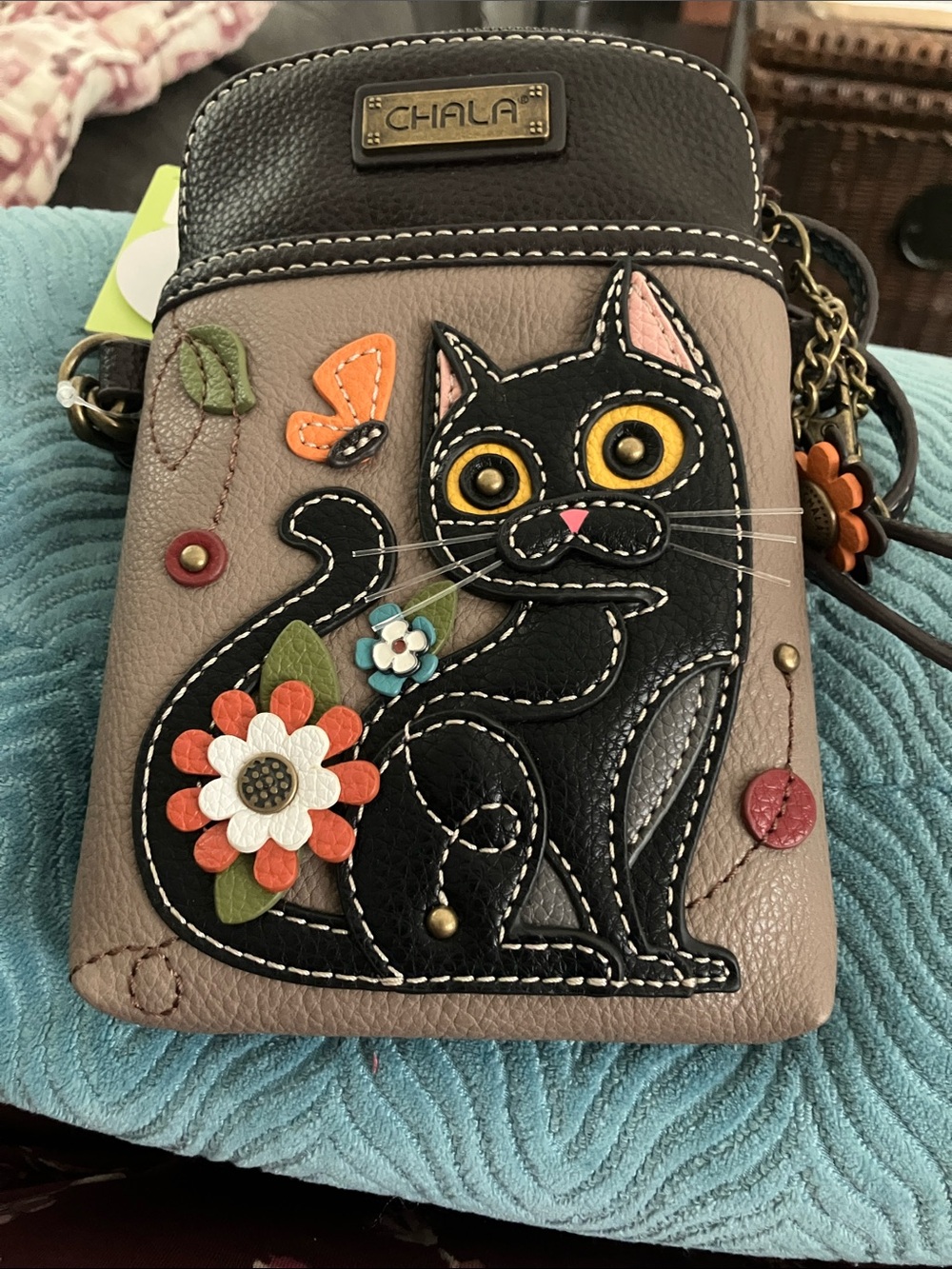 Chala Black & Taupe Cat Applique Crossbody Bag - Picture 9 of 9